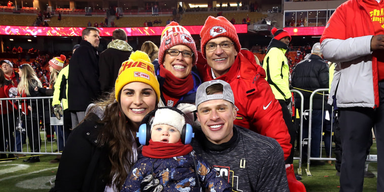 Harrison Butker of the Kansas City Chiefs celebrates on the field after defeating the Tennessee Titans in the AFC Championship Game on Jan. 19, 2020.