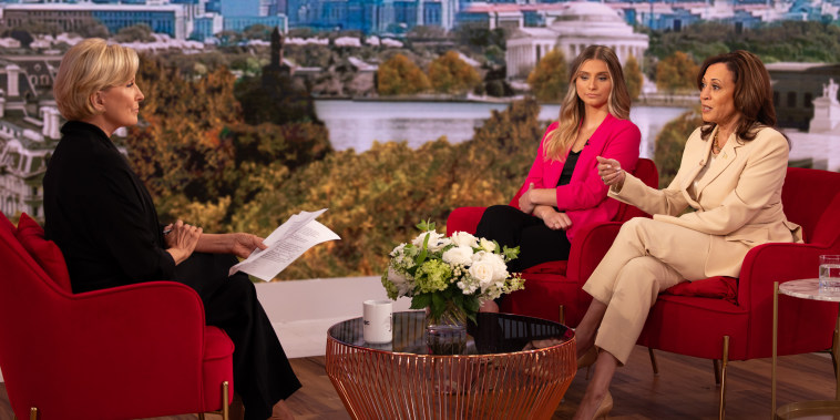 Kamala Harris, right, and Hadley Duvall during an interview with Mika Brzezinski.