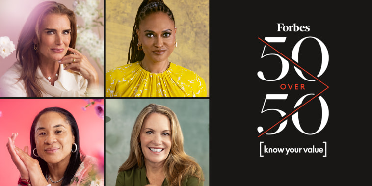 Brooke Shields, Ava DuVernay, Dawn Staley, and Peggy Johnson appear in a 4 by 4 grid next to text that reads: "Forbes 50 over 50 [know your value]"