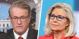 A split side by side image of Joe Scarborough and Liz Cheney.