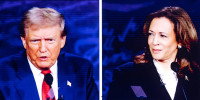 People react at the Mesa Convention Center while watching former President Donald J. Trump and Vice President Kamala Harris